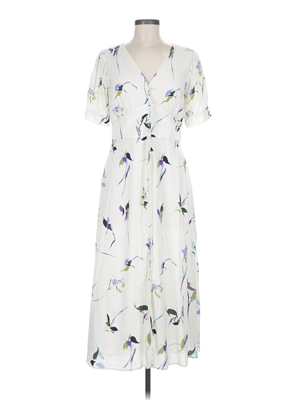 White Floral V-Neck Button Front Midi Dress